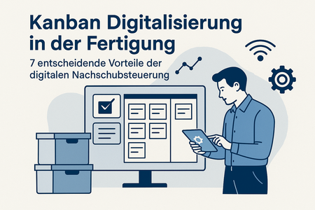 Digitale Kanban-Nachschubsteuerung in der Fertigung mit el/ka/sy® – Mitarbeiter nutzt Tablet zur Überwachung des Materialflusses in Echtzeit.