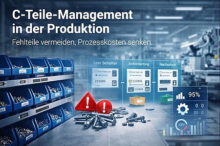 C-Teile-Management mit eKanban: Kanban-Regal in der Produktion zur Vermeidung von Fehlteilen und Notfallbeschaffung