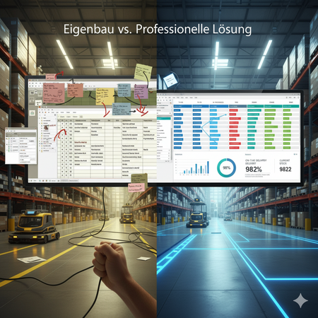Vergleich zwischen eigengestricktem Kanbansystem und professioneller Kanbanlösung in der Logistik.